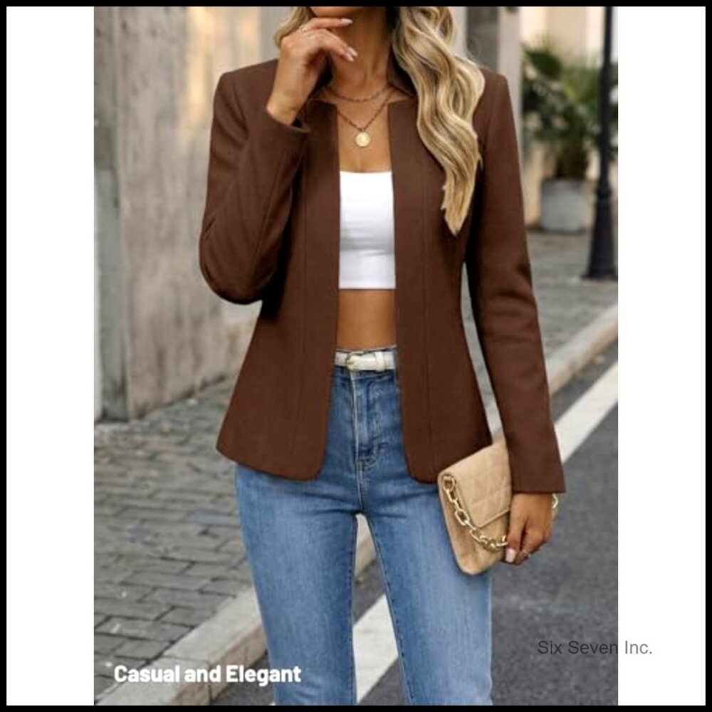 Wool Blend Tweed Plaid Blazer Jacket Open Front Stand Collar Casual Work Office - Picture 4 of 7